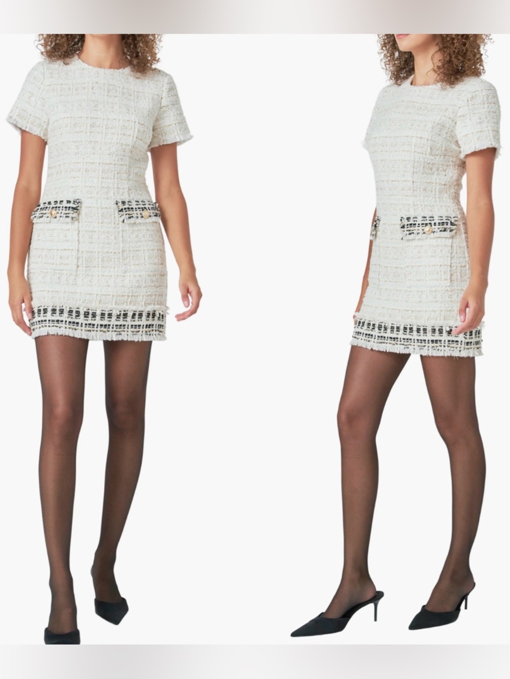 NWT Endless Rose short sleeve tweed fringe dress ivory multi medium